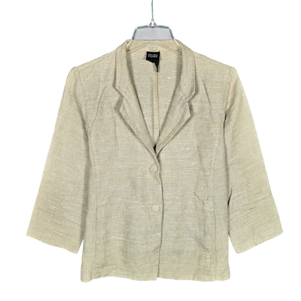 Eileen Fisher Blazer Womens Small Tan Beige 3/4 Sleeve Linen Silk Blend Jacket